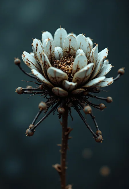 enistyle, A moody macro Shot of a mechanical sick flower Made of intricate technical parts. Atmospheric lighting, The air is thick with dust and the scent of ozone, a moment frozen in cinematic perfection.