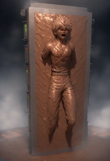 <lora:Carbonite_V1-1:1>,carbon freeze,1boy,solo,bakugou katsuki,open mouth,short hair,male focus,glowing,machine rough,character rough,(hands stuck:1.1),arms stuck,feet stuck,calves stuck,solid eyes,controller,carbon freeze chamber,masterpiece,high score,great score,absurdres,restrained,petrification,cgi,steam,full body,(arms behind back:0.9),chocolate,(chocolate on body:1.2),chocolate hair,chocolate on clothes,
