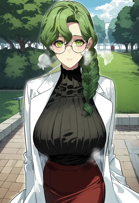 score_9, score_8_up, score_7_up, score_6_up, source_anime, rating_explicit, 1girl, solo, huge breasts, <lora:druggistponyxl:1> round eyewear, green eyes, green hair, long hair, single braid, braided ponytail, white coat, ribbed sweater, turtleneck sweater, black sweater, long sleeves, red skirt, pencil skirt, expressionless, Narrow shoulders, heavy breathing, steaming body, park, outdoors, looking at viewer, close-up, standing
