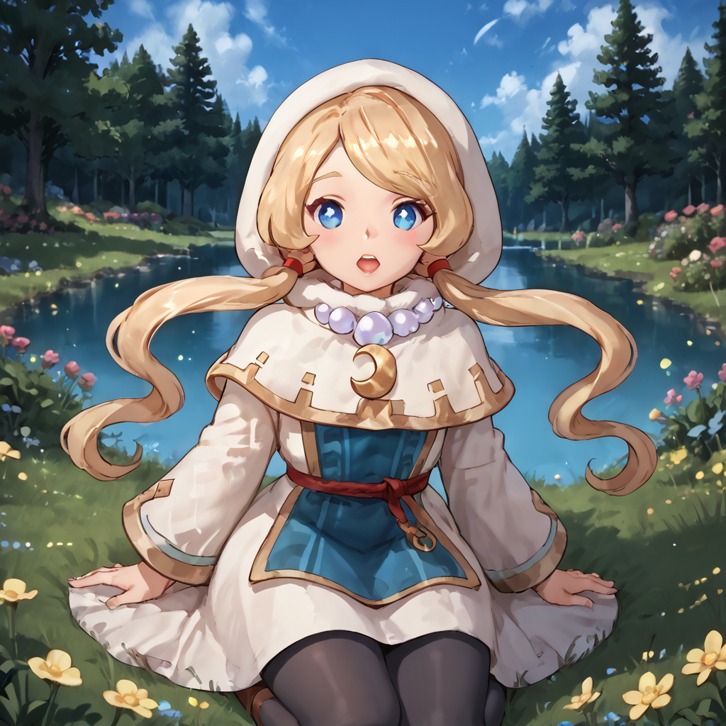 outdoors, forest, day,    <lora:Yuelia_-_Fantasy_Life:.9> score_9, score_8_up, score_7_up, score_6_up, yuelia, Fantasy Life, , 1girl, solo, long hair, blonde hair, low twin tails, blue eyes, (((diamond iris))), white outfit, white and gold capelet, pearl necklace, crescent moon medallion, hood, hood up, white robe, long sleeves, bell sleeves, gold trim, blue tabard, red cincture, black tights, brown boots, portrait,  mouth open,