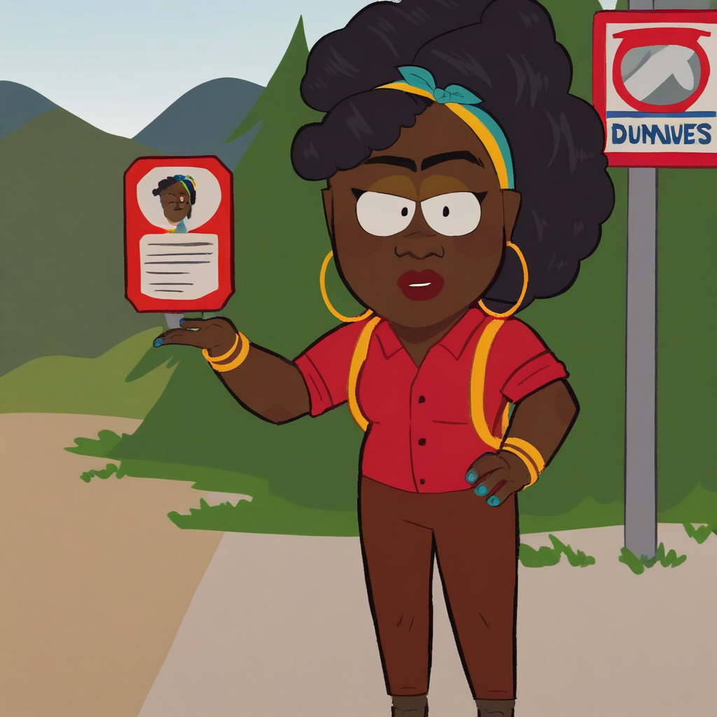 score_9, solo, panderverse_cartman, black hair, hoop earrings, very dark skin, bracelet, hairband, outdoors, bus stop