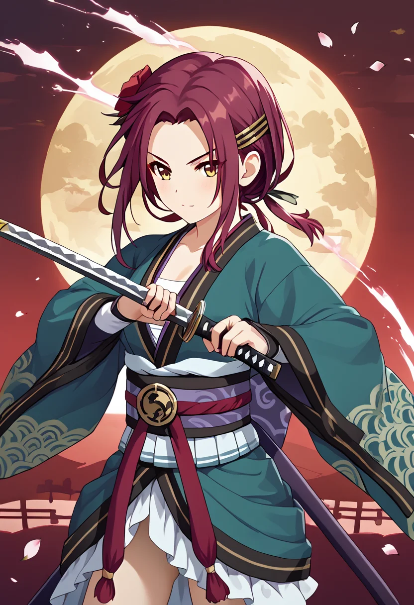 <lora:ruka_Pony-10:0.7> ,score 9,score 8 up,score 7 up,1girl,tachiarairuka,yellow eyes,red hair,red hair flower,rukadefaultoutfit,japanese clothes, cowboy shot,dual wielding katana