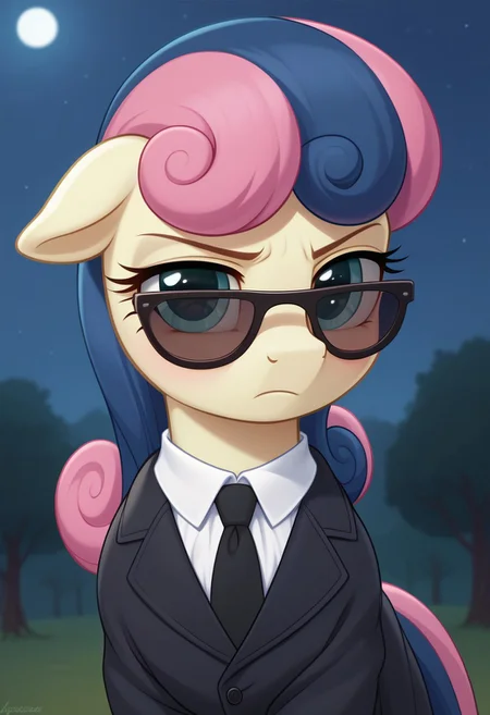 score_9, score_8_up, score_7_up, score_6_up, score_5_up, score_4_up, pony, feral pony, ((anatomically correct)), g4, Sweetie Drops, black coat, white blouse, black tie, sunglasses, serious, look at you, night, beautiful, detailed, (detailed cute pony face), detailed fur, beautiful, vector, flat colors, (beautiful long eyelashes), blushing, filly, foal, foalcon