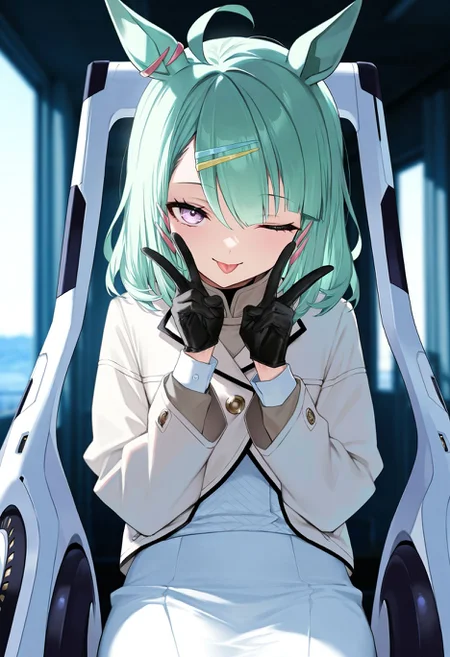 masterpiece,best quality,amazing quality,very aesthetic,high resolution,ultra-detailed,absurdres,newest,scenery,
1girl,solo,umamusume,sugar lights \(umamusume\),himari \(blue archive\) \(cosplay\),green hair,purple eyes,(medium hair:1.2),sitting on powered wheelchair,smile,tongue out,one eye closed,double v,head tilt,looking at viewer,cowboy shot,white cardigan,black gloves,white skirt,long sleeves,alternate costume,<lora:sugarlightsillv1:1>,no halo, HDR,photo background,detailed eyes,detailed hands,detailed clothing,detailed shading,dim lighting,chiaroscuro,BREAK depth of field,masterpiece,best quality,amazing quality,very aesthetic,high resolution,ultra-detailed,absurdres,newest,scenery,volumetric lighting,