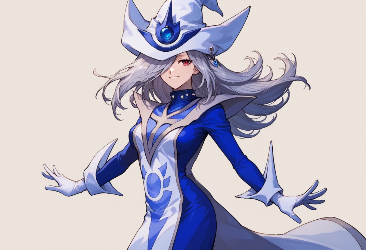 score_9, score_8_up, score_7_up, source_anime, good anatomy,1girl, solo, SilentMagicianOG, long hair, silver hair, swept bang, red eyes, medium breasts, SiMaClassic, white and blue tabard with silver trim, very long dress, blue dress, white gloves, puffy sleeves, white and blue hat, wizard hat, metal choker, hat over one eye, standing, smiling