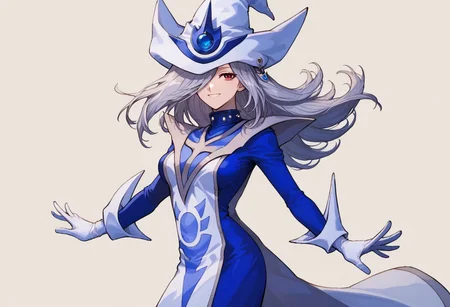 score_9, score_8_up, score_7_up, source_anime, good anatomy,1girl, solo, SilentMagicianOG, long hair, silver hair, swept bang, red eyes, medium breasts, SiMaClassic, white and blue tabard with silver trim, very long dress, blue dress, white gloves, puffy sleeves, white and blue hat, wizard hat, metal choker, hat over one eye, standing, smiling