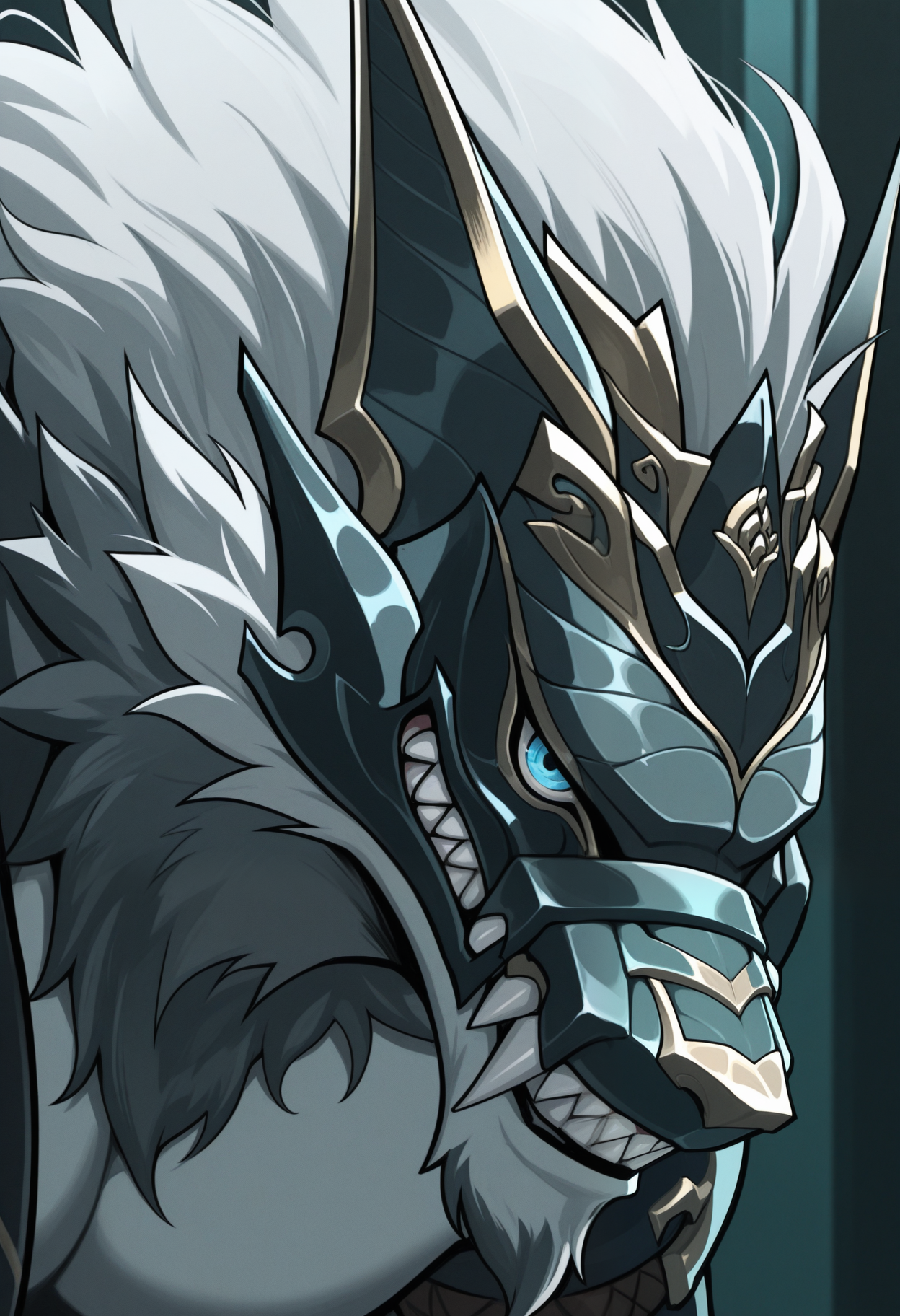 masterpiece,best quality,amazing quality, 1boy, solo, h00l4y, werewolf, grey fur, mask, hadanugi dousa, close up, side angle, smirk,