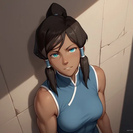 Score_9, Score_8, Score_7, Score_6, Anaxus, CHKorra, Leaning Against Ally Wall, Cowboy Shot, Looking at Viewer, Tilted Head, From Angle,