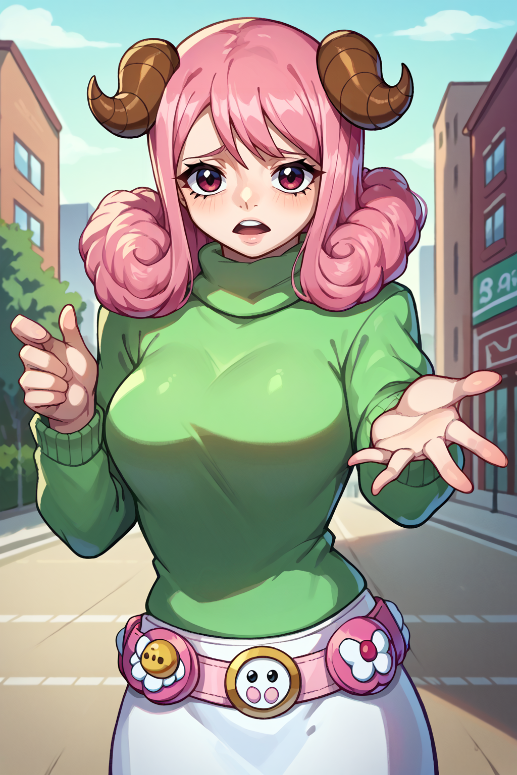 score_9, score_8_up, score_7_up, score_6_up, BREAK <lora:NSAriesFairyTail:1> NSAriesFaiTai, sheep horns, pink hair, medium hair, hair curls, city, green sweater, pink ribbon, ribbon belt, white skirt, exited, reaching towards viewer