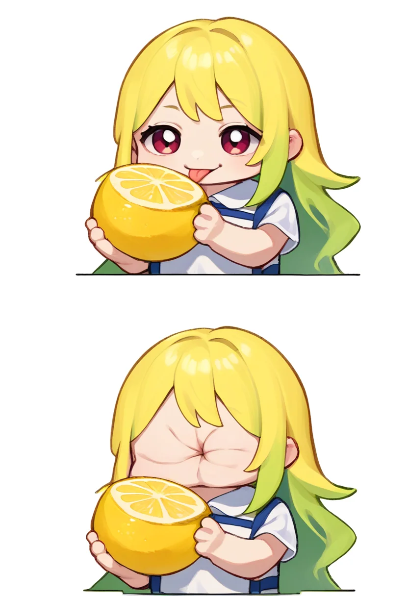 score_9, score_8_up, score_7_up, source_anime, simple background, white background, 2koma, multiple views, chibi, solo, 1girl, thourlemon, tongue out, holding fruit, lemon slice, shirt <lora:meme_thour_ponyXL:1.2>