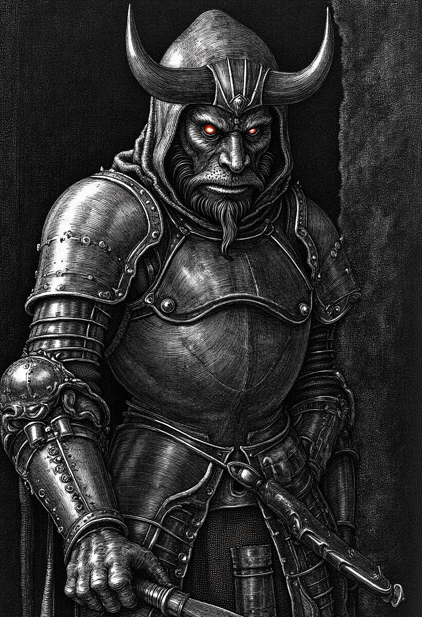 engraving in the style of yfg-durer, Minotaur in hooded black plate armor, fantasy, Warhammer, 4k quality, high resolution, dark scenery, holding sword, glowing black sword, realistic, HKStyle, Minotaur, black eyes, glowing red, demon armor, straight out of hell.