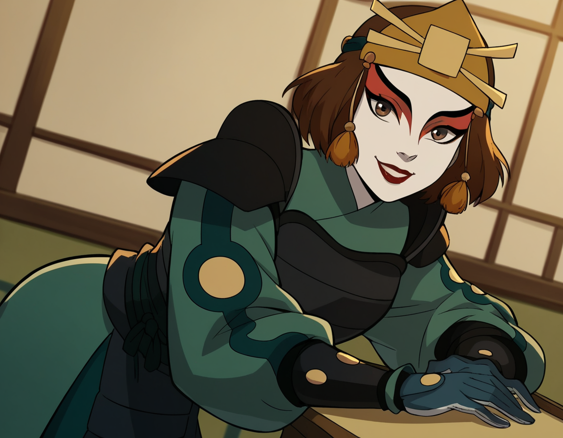 score_9, score_8_up, score_7_up, source_anime, <lora:suki-book2-ponyxl-lora-nochekaiser:1>, suki, short hair, brown hair, brown eyes, makeup, lipstick,, gloves, armor, breastplate, hair ornament, gloves,, indoors, bent over, smile, looking at viewer, solo, cowboy shot, dutch angle