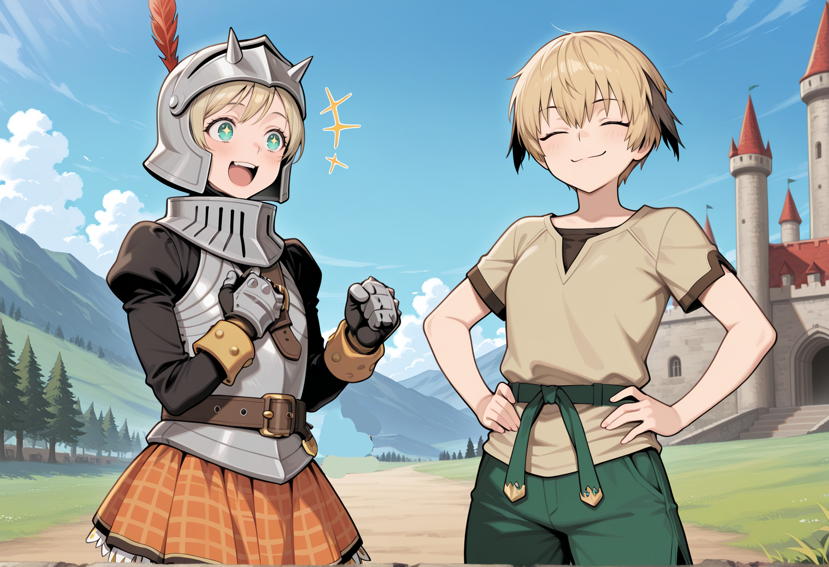 2girls, outdoors, castle, 1girl, short hair, blonde hair, aqua eyes, armor, breastplate, strap, belt, pleated skirt, checkered skirt, orange skirt, long sleeves, gauntlets, cowboy shot, helmet, hat feather, excited, starry eyes, clenched hand, hand on chest, open mouth, upper teeth only, looking at another,  <lora:cecile_suikoden_Illus:1>
BREAK
2girls, outdoors, castle, 1girl, gareth \(fate\), proud, smug, closed mouth, hands on own hip, clenched hand, masterpiece, best quality, amazing quality, very aesthetic, absurdres, highres, newest
