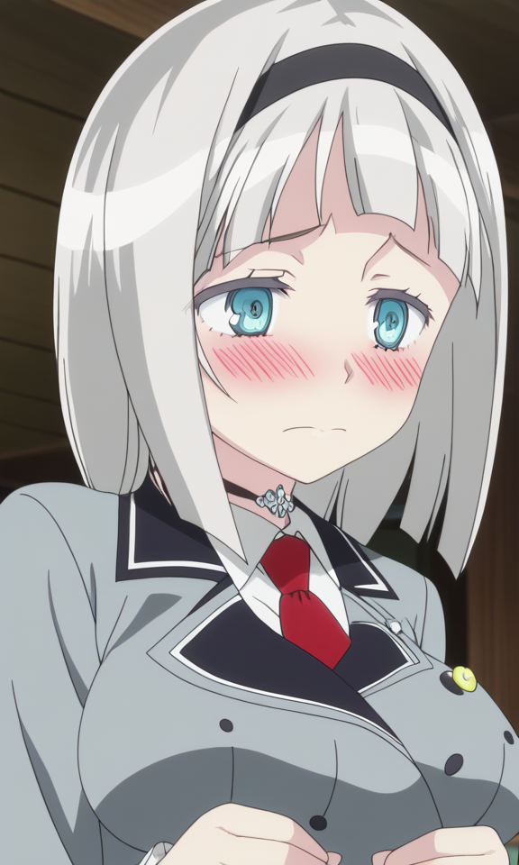 detailed face,hires,detailed eyes,detailed hands,best hands,anime screencap,
 <lora:AnnaNishikinomiya_16XL:1> shimoneta, anna_nishikinomiya, 1girl, solo, short hair, grey hair, hairband, blush,  choker, breasts, large breasts, , school uniform
