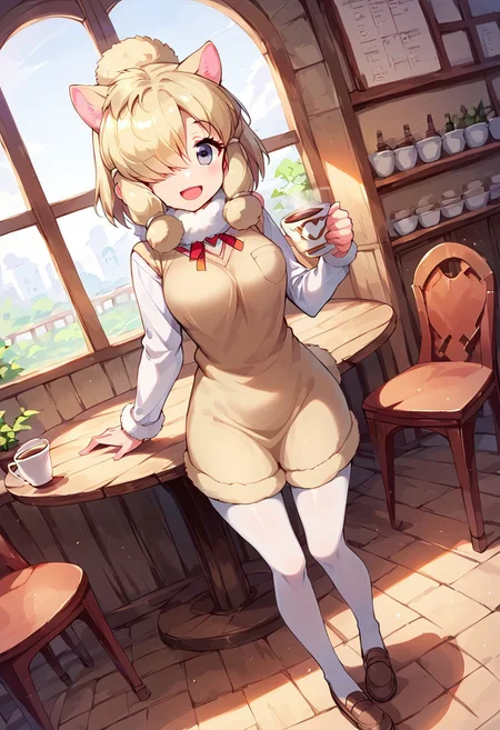 1girl, ((solo)), best quality, ultra-detailed, extremely detailed, perfect anatomy, masterpiece, score_9, score_8_up, score_7_up, Expressiveh, alpaca suri (kemono friends), alpaca ears, hair over one eye, bangs, blonde hair, grey eyes, sidelocks, hair tubes, hair bun, tail, short hair, horizontal pupils, fur scarf, white pantyhose, long sleeves, fur collar, fur trim, neck ribbon, white shirt, sweater vest, shorts, pantyhose, breast pocket, fur-trimmed sleeves, shoes, standing, open mouth smile, smile, cute, full body, cafe background, in a cafe, indoors, window with light, countertop, tables, chairs, dutch angle, full-length portrait, happy, looking at viewer, standing, tea cup on table,