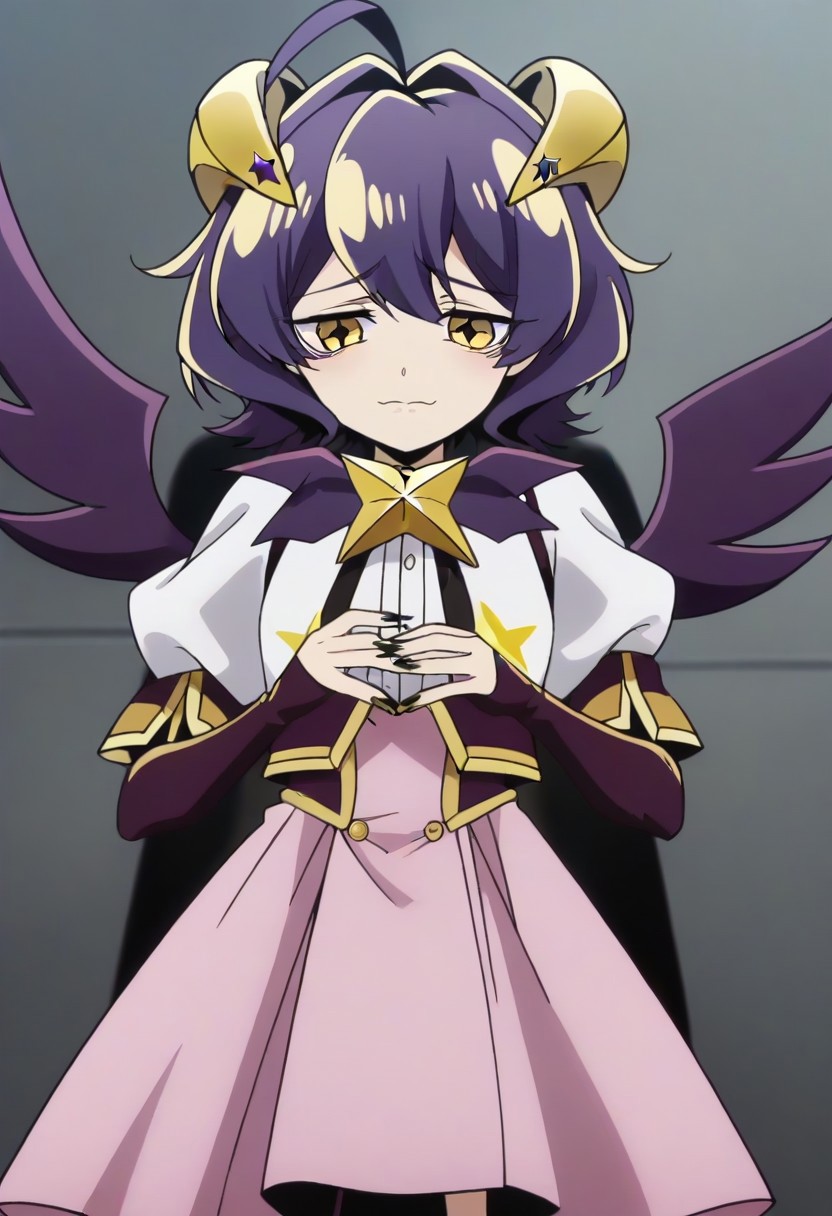 source_anime <lora:GushingoverMagicalGirlsSet1:0.8>, MagiaBaiser, short hair, yellow eyes, ahoge, purple hair, magical girl, showgirl skirt, black nails, low wings, cross-shaped pupils, yellow horns, star pasties,,, ,,, , , ,,,, ,,, , ,,,,,,,, anime coloring,anime screencap, 1girl,Solo ,, anime,official art,,Uncensored ,Unedited ,,,,,,,,