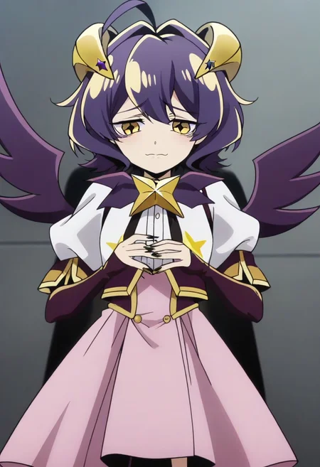 source_anime <lora:GushingoverMagicalGirlsSet1:0.8>, MagiaBaiser, short hair, yellow eyes, ahoge, purple hair, magical girl, showgirl skirt, black nails, low wings, cross-shaped pupils, yellow horns, star pasties,,, ,,, , , ,,,, ,,, , ,,,,,,,, anime coloring,anime screencap, 1girl,Solo ,, anime,official art,,Uncensored ,Unedited ,,,,,,,,