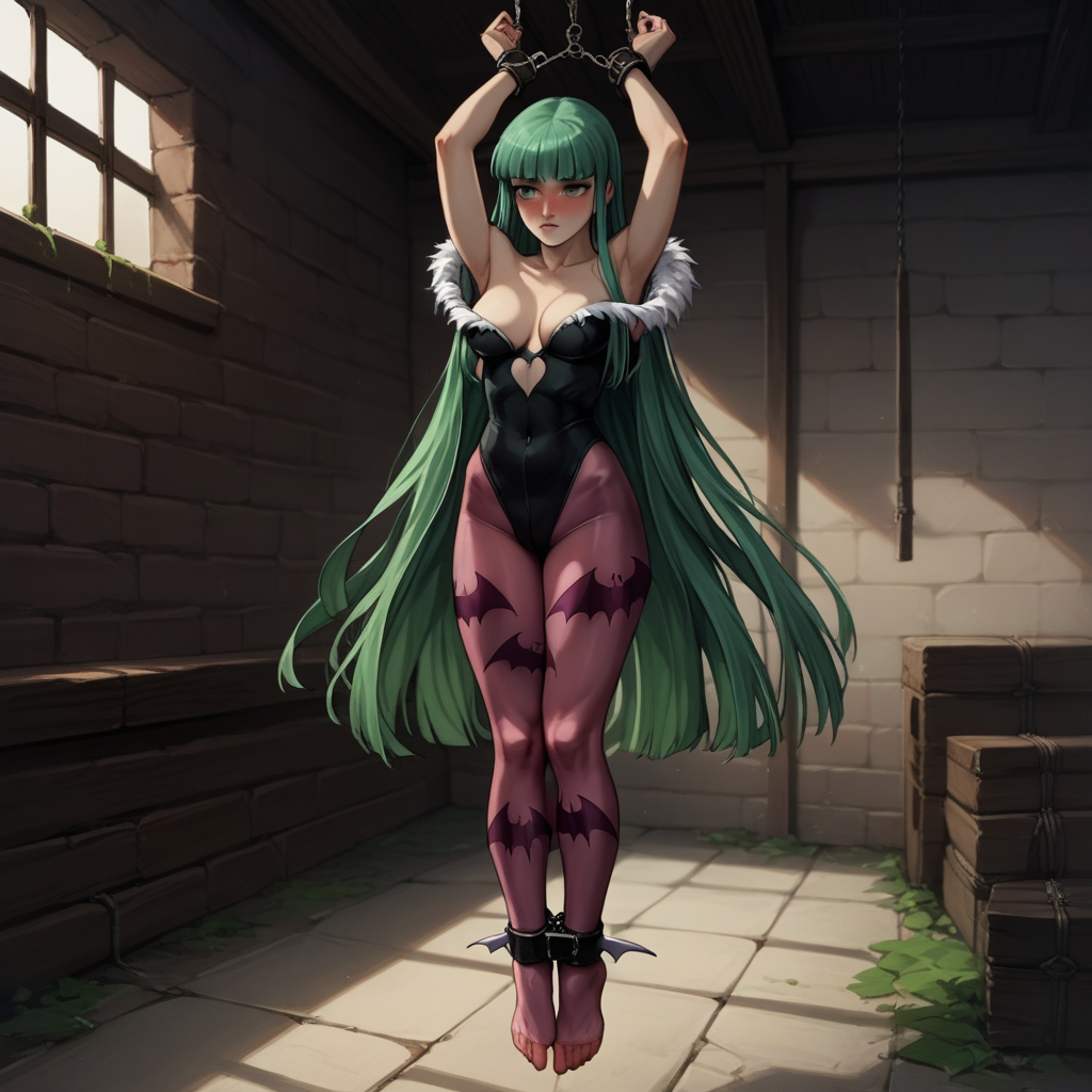 score_9, score_8_up, score_8, (source_anime), hanging_suspension, BREAK, Morrigan Aensland, restrained, bound wrists, blush, perfect face, 1woman, 22 years old, MorriganAe, hime_cut, emerald_green hair, green eyes, blunt bangs, fur trim, bridal gauntlets, print pantyhose, bat print, cleavage, hanging_suspension, BREAK, 1woman, bondage, bdsm, suspension, standing, arms_up, cuffs, bound_wrists, upright_restraints, standing_restraints, tiptoes, straight_legs, feet_dangling
