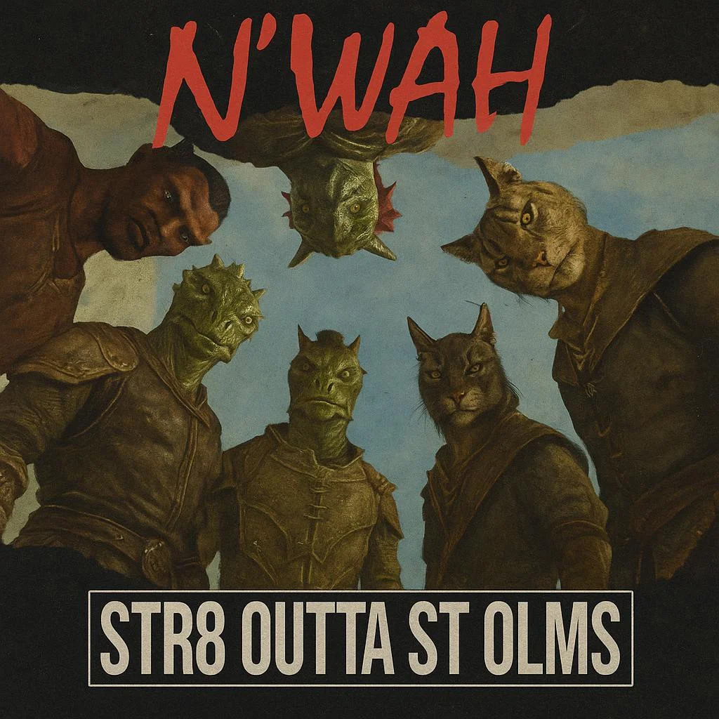 parody of NWA album cover straight outta compton, replacing group members by 2 redguard, 2 argonian, 2 khajiit, races from elder scrolls games, name of group "N'WAH" written in red on top, "STR8 OUTTA ST OLMS" written in white on bottom
