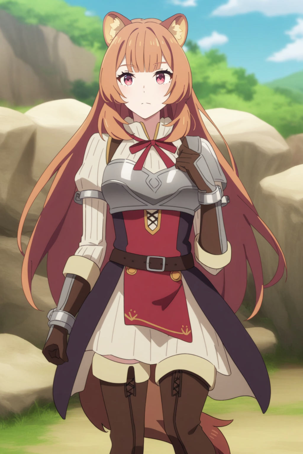 dress skirt breastplate gloves thigh boots, tny-raphtalia, raccoon tail, (full body), solo, 1girl, outdoors, masterpiece, best quality, very aesthetic, absurdres, recent <lora:tny-raphtalia-V02-000002:0.9>