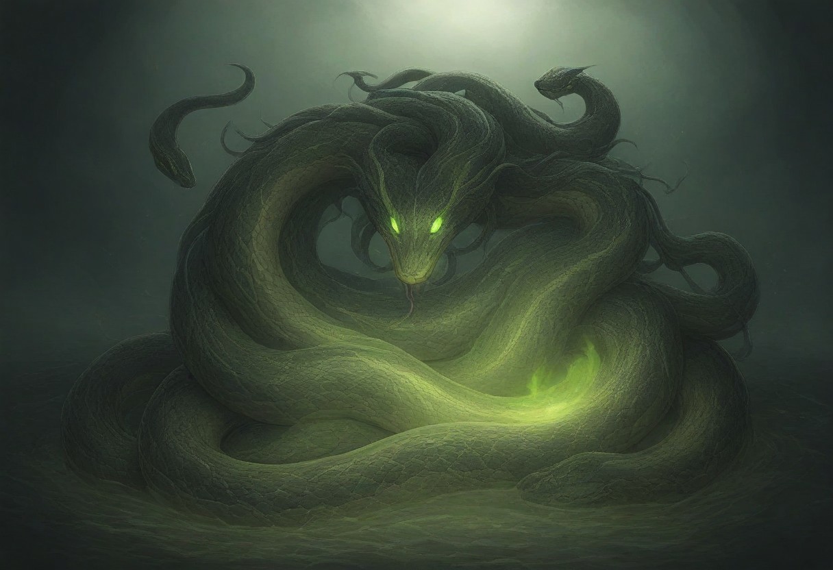 dark fantasy art, gothic art, detailed background, intricate, Exquisite details and textures, highly detailed, ultra detailed photograph, 4k, sharp focus, high resolution, a wolf with snakes skin, summoning creature, fire and water vortex, dramatic, green eyes, glowing eyes, gothic cloak, backlit fog surrounds character, snakes surround the character on the ground, character is in an ancient tomb, 12 snake soldiers surround main character
snake, snake on shoulders, sn4k3