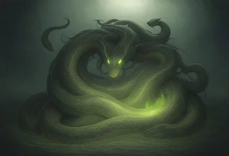 dark fantasy art, gothic art, detailed background, intricate, Exquisite details and textures, highly detailed, ultra detailed photograph, 4k, sharp focus, high resolution, a wolf with snakes skin, summoning creature, fire and water vortex, dramatic, green eyes, glowing eyes, gothic cloak, backlit fog surrounds character, snakes surround the character on the ground, character is in an ancient tomb, 12 snake soldiers surround main character
snake, snake on shoulders, sn4k3