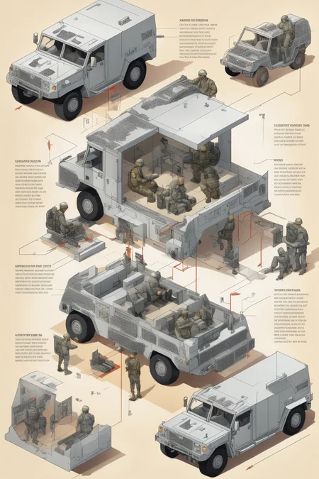 <lora:Isometric Cutaway:1>,Isometric Cutaway - An Image illustrating the instructions for the installation of armored vehicles. The background shows the armored vehicle installation scene, accompanied by illustrations or pictures that demonstrate the correct installation steps. The accompanying text instructions are presented in a clear and understandable manner, helping users to easily complete the installation of the armored vehicle.