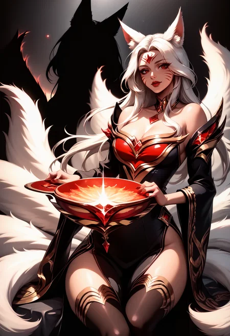 score_9, score_8_up, score_7_up, silhouette, simple background, <lora:Silhouette_SakuraTaisen_pdxl_Incrs_v1:1.2>, [2girls:1girl, solo:4], <lora:Ahri_ImmortalizedLegend_pdxl_Incrs_v1:0.8> ahriImmortLgnd, animal ears, facial mark, fox tail, multiple tails, long hair, white hair, red eyes, large breasts, red lips, red nails, forehead mark, pendant, Dress, bare shoulders, detached sleeves, long sleeves, wide sleeves, cleavage, thighhighs