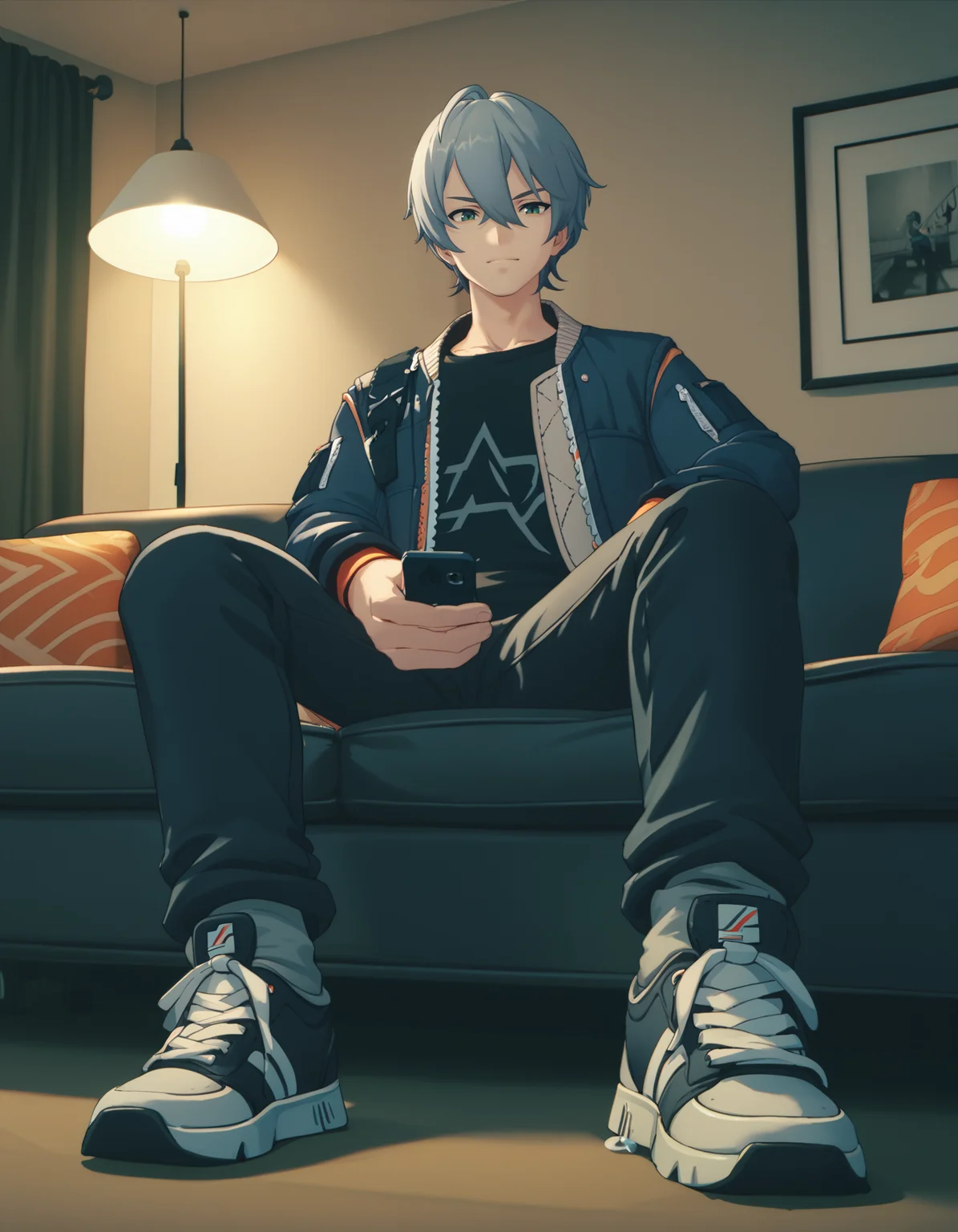 score_9, score_8_up, score_7_up, 1boy, male focus, solo, light smile, looking down, smartphone, looking at phone, sitting, couch, indoors, living room, dim lighting
<lora:zzz-siblings-ponyxl:1> wise, open jacket, black shirt, jacket, pants, sneakers