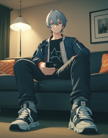 score_9, score_8_up, score_7_up, 1boy, male focus, solo, light smile, looking down, smartphone, looking at phone, sitting, couch, indoors, living room, dim lighting
<lora:zzz-siblings-ponyxl:1> wise, open jacket, black shirt, jacket, pants, sneakers