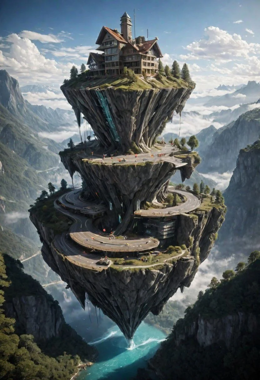 (otclillsn, a strange and impossible to solve mountain glued to a gravitational motherboard tilted 454,78 degree upside down, baffling optical illusion, disorienting angle, surreal), <lora:- SDXL - otclillsn_impossible_geo_V1.0:.8>,
floatingisland, landscape, buildings, bridge, mountain, fog, clouds, waterfull, trees,
on the ocean,
OverallDetail, extrusionbuilding, otclillsn, futureurban