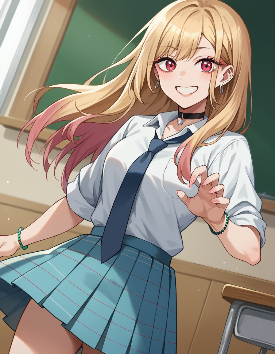 score_9, score_8_up, score_7_up, source_anime, 
marinkitagawa, <lora:marin-kitagawa-ponyxl-lora-nochekaiser:1>, 
marin kitagawa, long hair, bangs, blonde hair, red eyes, multicolored hair, smile,
skirt, shirt, jewelry, school uniform, white shirt, pleated skirt, earrings, necktie, choker, bracelet, blue skirt, plaid, black choker, plaid skirt,
indoors, classroom,
looking at viewer, cowboy shot, dutch angle, dynamic pose,