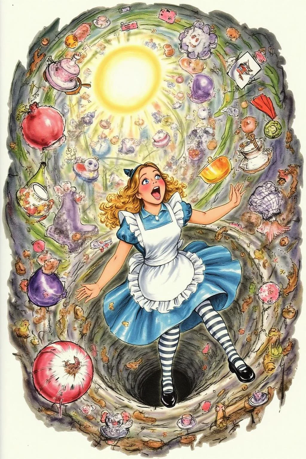 d0sn Illustration. Overhead view of Alice in Wonderland falling into the rabbit hole, with her legs dangling beneath her. She is looking upward, her face filled with shock and terror as she screams. Her blue dress and white apron billow out around her as she tumbles, while her striped stockings and black shoes are visible below. The rabbit hole is a swirling, chaotic mix of vibrant colors, playing cards, teacups, and other Wonderland objects floating around her. Soft glowing light emanates from the tunnel walls, adding an eerie, fantastical feel to the scene. The sense of motion and fear is palpable as Alice falls deeper into the unknown. <lora:d0sn_illus1_fl_d6a3:1.0><lora:803605531169211964:0>