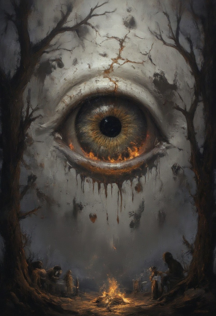 A massive humanoid eye with cracked, porcelain-like skin, suspended in a fog-drenched void. Veins extend from its sclera like twisted tree roots, intertwining with skeletal hands reaching from the darkness. Tiny, shadowy figures with featureless faces worship it below, their elongated limbs bending unnaturally. The iris reflects a burning city, but the flames drip upward like melting wax. The air is thick with floating, disembodied mouths whispering unreadable secrets. aidmaimageupgrader, bo-exposure, aidmaMJ6.1