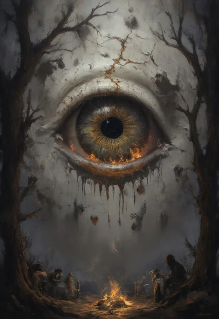 A massive humanoid eye with cracked, porcelain-like skin, suspended in a fog-drenched void. Veins extend from its sclera like twisted tree roots, intertwining with skeletal hands reaching from the darkness. Tiny, shadowy figures with featureless faces worship it below, their elongated limbs bending unnaturally. The iris reflects a burning city, but the flames drip upward like melting wax. The air is thick with floating, disembodied mouths whispering unreadable secrets. aidmaimageupgrader, bo-exposure, aidmaMJ6.1