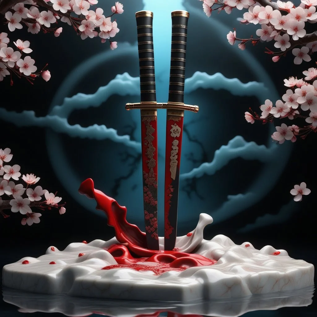 liquid marble, Japanese Katana, detailed, ultrarealistic, cherry blossom, shadows, blood drops, red ribbon, water, smoke, rising sun flag, japanese flag,