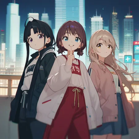 score_9,score_8_up,score_7_up,score_6_up,3girls,city,looking at viewer,standing,
BREAK subaru awa,black hair,long hair,ahoge,purple eyes,blunt bangs,1girl,
BREAK nina iseri,brown hair,blue eyes,1girl,middle_finger,smile,
BREAK momoka kawaragi,long hair,1girl,<lora:PONY_character_gbc-000006:1>,