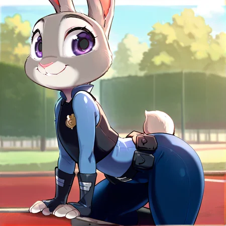 hi res, best quality, female, Score_9, score_8, score_7 BREAK, best anatomy, (solo), small body, young, petite, ultra detailed, short, (source_cartoon), (((show accurate))), (masterpiece), <lora:Judy_Hopps_Illustrious:1>, judy_hopps, furry, rabbit ears, grey fur, two-tone fur, rabbit girl, purple eyes, rabbit tail, police outfit, smile, outdoors,