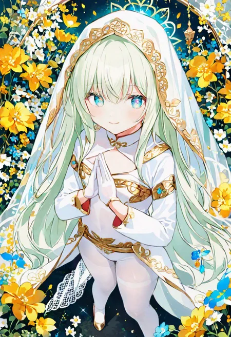 Best quality, masterpiece, fantasy flower garden, view from above, one petit priestess girl with flat chest, shining hands bound in prayer, standing upright, detailed light green long loose hair, priestess' veil, cute smooth face, gentle smile, detailed light blue eyes, detailed make up, jewelry, pure white clothes, shawl, white turtleneck leotard with long sleeves and gloves, slim waist, slim belly, thick clavicle, micro skirt, thick hips, thick thighs, white tights, heels