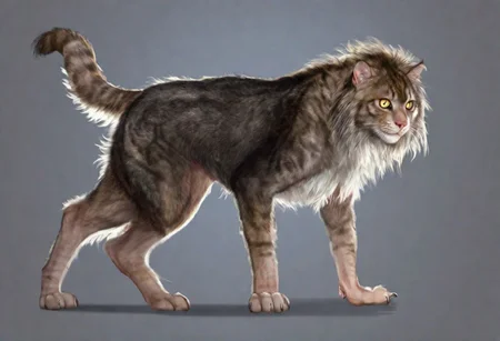 .1man,24 years old,(brown hair,long hair,wavy hair,layered hair),handsome,(transformation,species transformation:0.6) into (cat),feral transformation,confused,(realistic),full body shot,body horror,cat feet,man morphing into tabby cat,embarrassed,(realistic fur, hairy fur, wiry hair over body, dark fur,fluffy fur,(thick fur over body), detailed fur texture),claws,paws,((human eyes)),cat pupils,(((human head))),fluffy paws,on all fours,quadruped,cat arms,cat legs,cat torso,animalistic limbs,animalistic proportions,