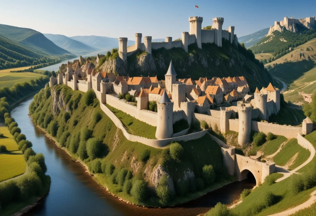 ultra realism, realistic image with high quality 8k and above, stable focus on an extremely breathtaking natural landscape from the Middle Ages, on an ancient knight's fortress built in the mountains and next to it there is a village with houses made of stone, wood, castle, ruins, fortress, castle, village , stone and wooden houses, tents, awnings, rocks, horses, full water river. boats, dense vegetation, protective wall around the village and the fortress, road, period middle ages, chivalric symbols, christian temple, road, in countries along the road medieval fighters dressed in traditional clothing typical of the middle ages in europe, color balance, golden hour,