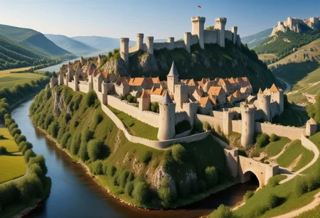 ultra realism, realistic image with high quality 8k and above, stable focus on an extremely breathtaking natural landscape from the Middle Ages, on an ancient knight's fortress built in the mountains and next to it there is a village with houses made of stone, wood, castle, ruins, fortress, castle, village , stone and wooden houses, tents, awnings, rocks, horses, full water river. boats, dense vegetation, protective wall around the village and the fortress, road, period middle ages, chivalric symbols, christian temple, road, in countries along the road medieval fighters dressed in traditional clothing typical of the middle ages in europe, color balance, golden hour,