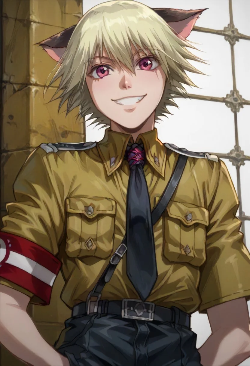 score_9, score_8_up, score_7_up, <lora:schroedingerXL11:1.0> schroedingerXL11, 1boy, pink eyes, blonde hair, Cat ears, military uniform, black necktie , black shorts, smile, armband