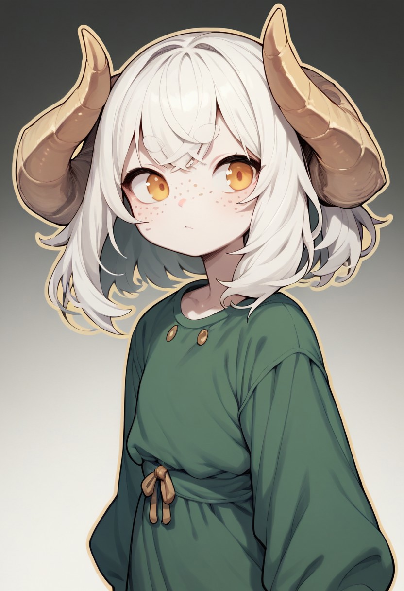 score_9, score_8_up, score_7_up, thick outlines, outline, black outline, 1girl, solo, twisted ram's horns, freckles, white hair, long bangs, golden eyes, pale skin, green dress, medium shot
