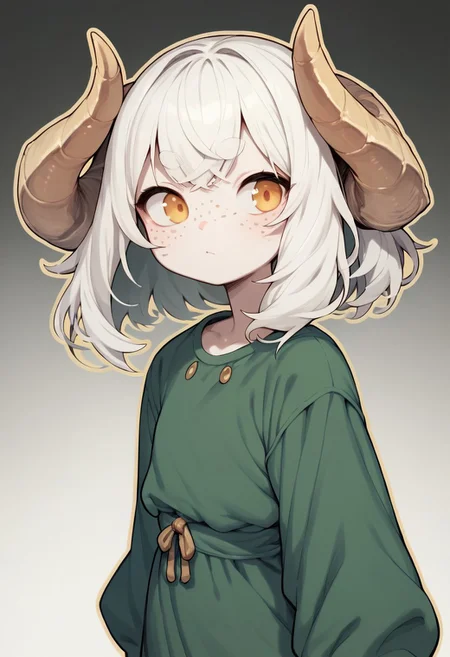 score_9, score_8_up, score_7_up, thick outlines, outline, black outline, 1girl, solo, twisted ram's horns, freckles, white hair, long bangs, golden eyes, pale skin, green dress, medium shot