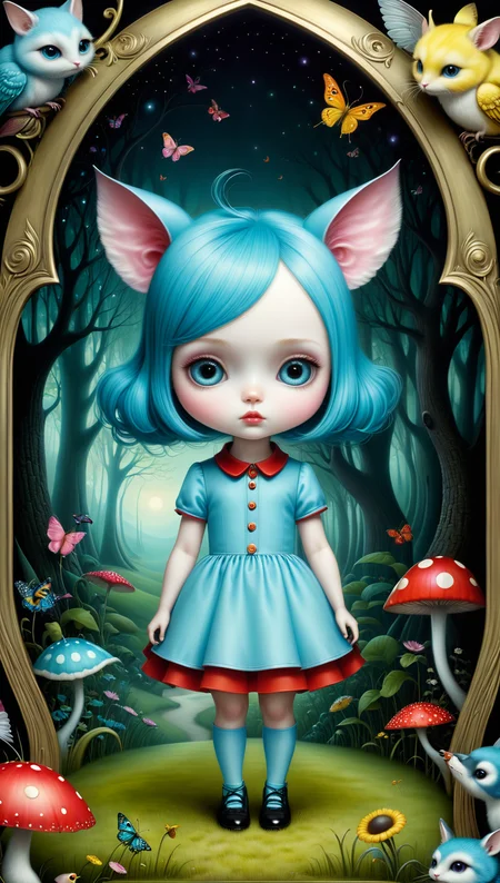 animals, creatures, visual delirium, dreamlike, style pop surrealism, modern art, bright, colorful, detailed, style Nicoletta Ceccoli and Alexander Jansson, Amazing and beautiful creation, characters and elements of the scenery entirely within the frame of the image, detailed realization, definition high quality, expressive faces, sharp eyes, style trompe d'oeil, surrealism, ambitious aestheticism<lora:xl_more_art-full_v1:0.5>