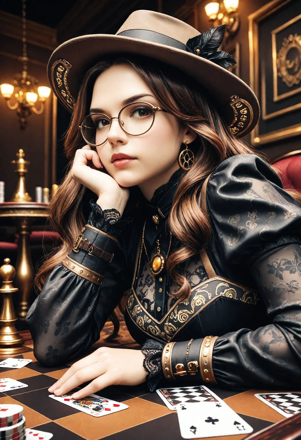 SmoothNoob_Quality, steampunk, 1girl, solo, long hair, brown hair, glasses, chessboard, intellectual, focused expression, black sheer dress, floral pattern, detailed embroidery, leaning foward, table, leaning on table, professional setting, concentration, thoughtful pose, competitive, background blur, poker table, earrings, fedora, subtle makeup, elegant style, indoor, soft lighting, feminine, intelligence, strategy, game of cards, black dress, card game, looking at cards, <lora:Smooth_SteamPunk:1> <lora:Smooth_Booster:0.25>