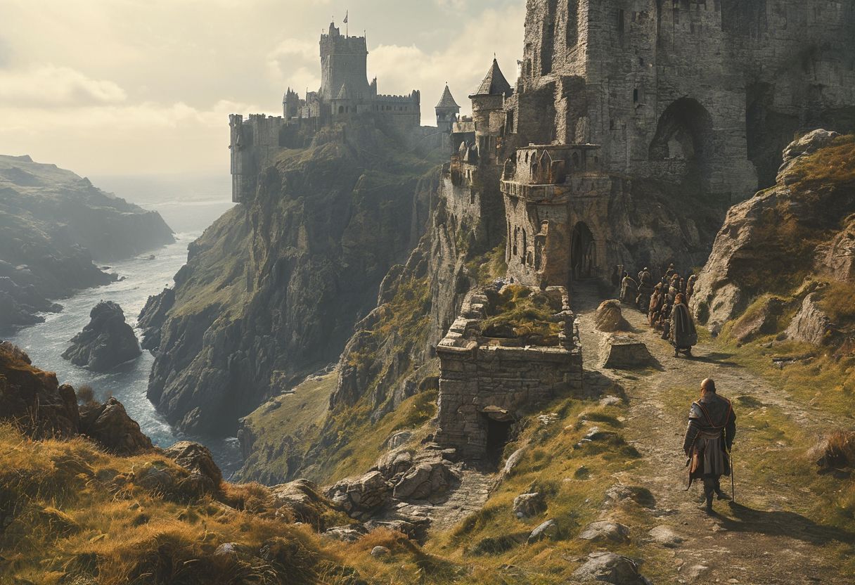extremely detailed, hero shot, high detail, hires textures, incredibly detailed, intricate details, intricate diorama, masterpiece, outstanding intricacies, photorealism, true masterpiece, cliff background, pleasant, Stately, ( dnd fantasy, a group of humans and elves and dwarves in the foreground in a fantasy world, castle fortress on distant cliffside), with fantasy antiquity-ships in the far-distant background near horizon