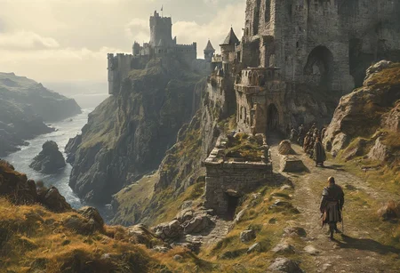 extremely detailed, hero shot, high detail, hires textures, incredibly detailed, intricate details, intricate diorama, masterpiece, outstanding intricacies, photorealism, true masterpiece, cliff background, pleasant, Stately, ( dnd fantasy, a group of humans and elves and dwarves in the foreground in a fantasy world, castle fortress on distant cliffside), with fantasy antiquity-ships in the far-distant background near horizon
