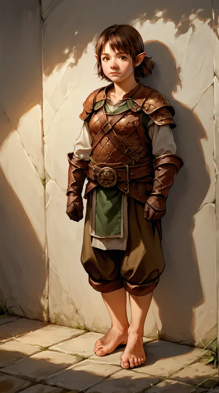 zPDXL3, score_9_up, score_8_up, score_7_up, detailed, masterpiece, 1girl, solo, pretty girl, pointed ears, halflingdnd, standing, full body, short brown hair, barefoot, hairy feet, leaning on wall, leather armor, yojishinkawa, full body, looking at viewer <lora:Halfling_-_DND_Classic-000008:0.9> <lora:MGS_V2_Pony:0.3> <lora:Rob_Liefeld_Chad_Bowers_And_Associated_Artists_Marvels_Deadpool_Badder_Blood_1-5_Artstyle_Blend_PonyXL:0.3>